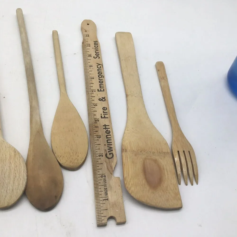 Vtg Lot Of 9 Wooden Kitchen Utensils Fork Wooden spoon Spatula Rolling Pin
